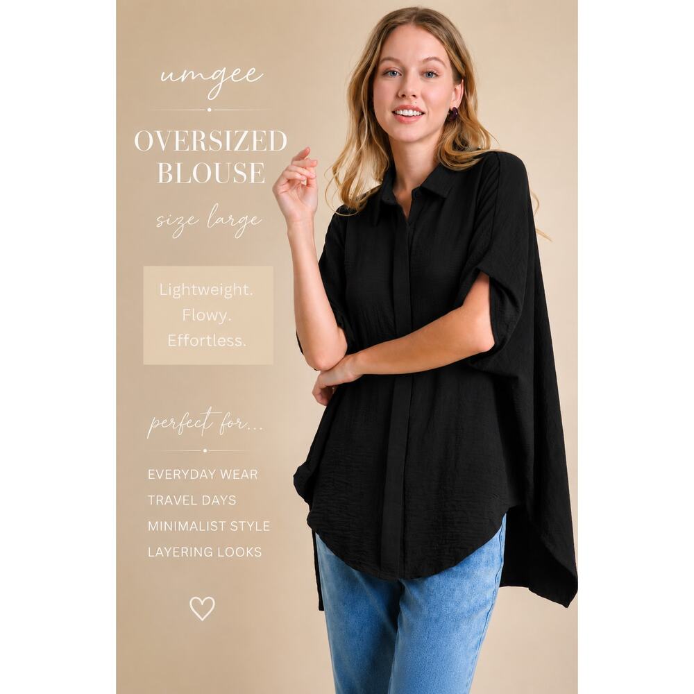 New Umgee Oversized Blouse Button Up Large Black Dolman Lagenlook Minimalist